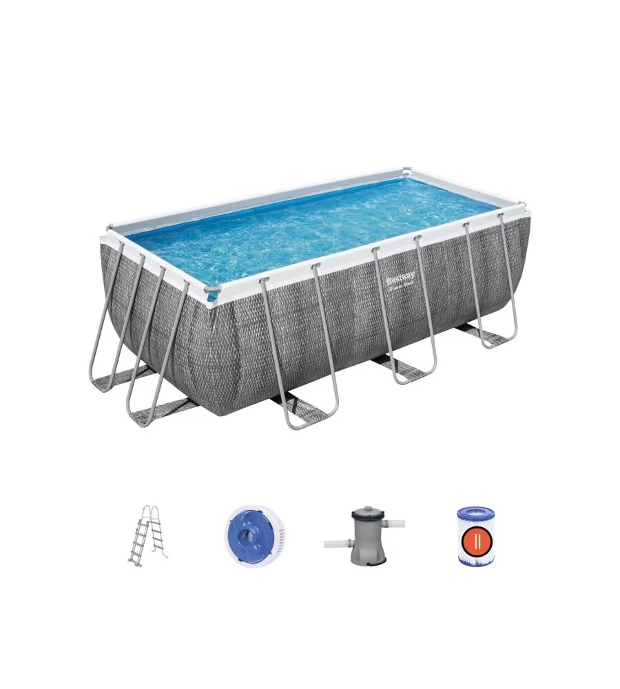 PISCINA FUORI TERRA CON STRUTTURA RETTANGOLARE BESTWAY "POWER STEEL FRAME"  CON COPERTURA, FILTRO, SCALA E CHEMCONNECT EFFETTO RATTAN 488X244X122 CM - COD. 56996